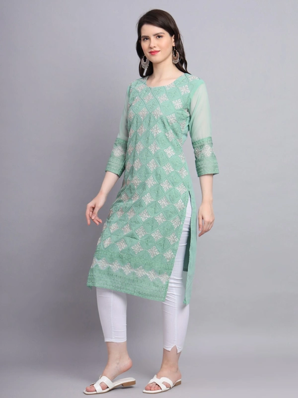 FWVLS PREMIUM GEORGETTE CHIKANKARI KURTI - M-38, Moss Green