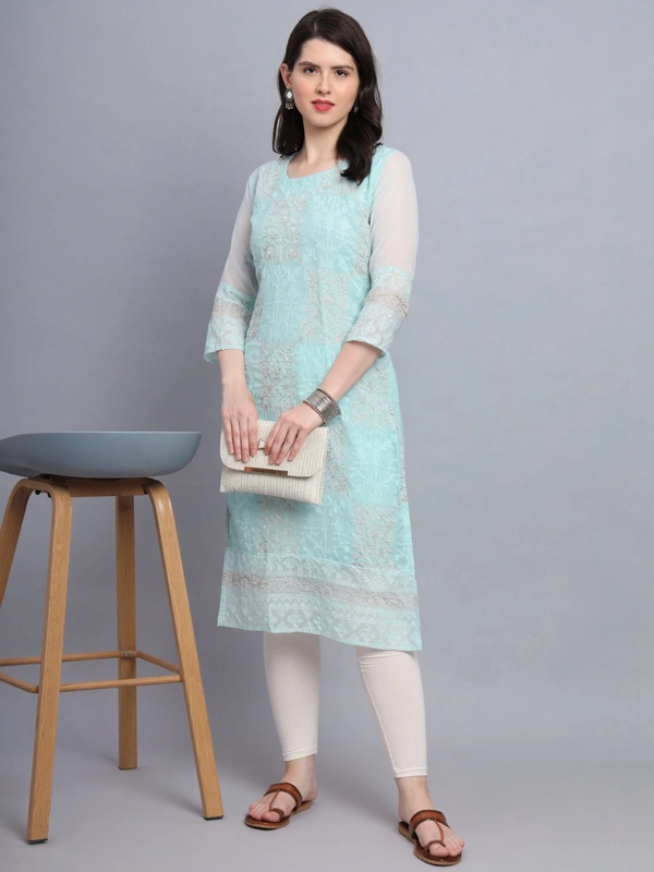 FWVLS LUCKNOWI CHIKANKARI GEORGETTE KURTI - XL-42, Cyan