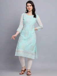 FWVLS LUCKNOWI CHIKANKARI GEORGETTE KURTI - M-38, Cyan