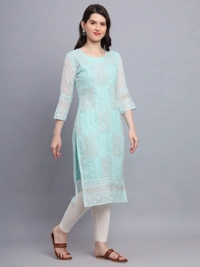 FWVLS LUCKNOWI CHIKANKARI GEORGETTE KURTI - L-40, Cyan