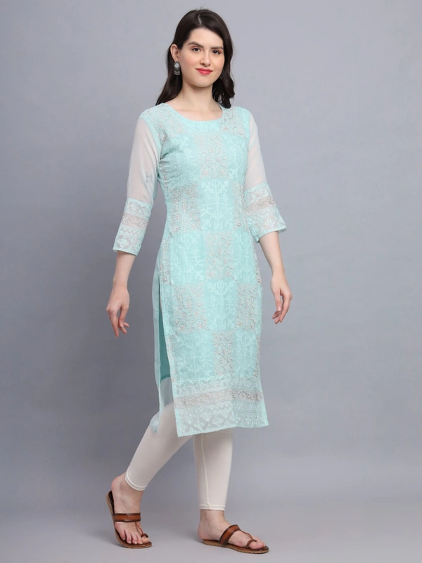 FWVLS LUCKNOWI CHIKANKARI GEORGETTE KURTI - XL-42, Cyan