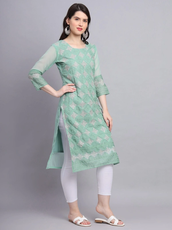 FWVLS PREMIUM GEORGETTE CHIKANKARI KURTI - M-38, Moss Green