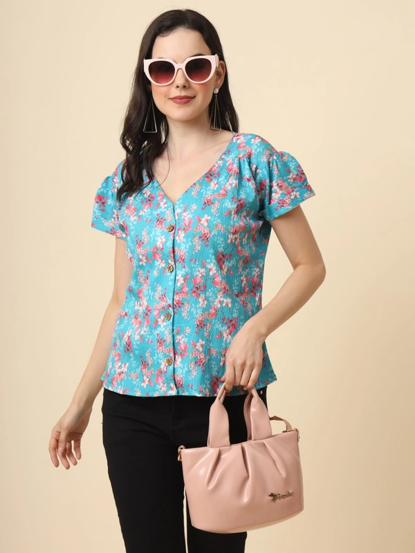FWVL FANCY PRINTED CREP  SHORT TOP - M-38, Fountain Blue