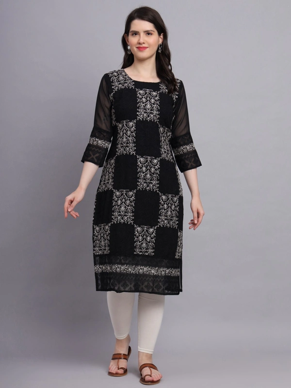 FWVLS LUCKNOWI CHIKANKARI GEORGETTE KURTI - L-40, Black