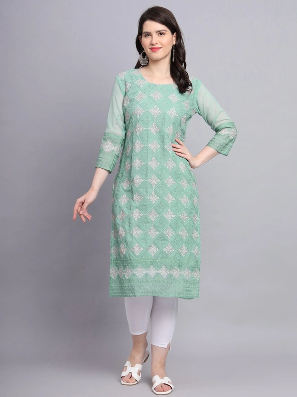 FWVLS PREMIUM GEORGETTE CHIKANKARI KURTI - M-38, Moss Green
