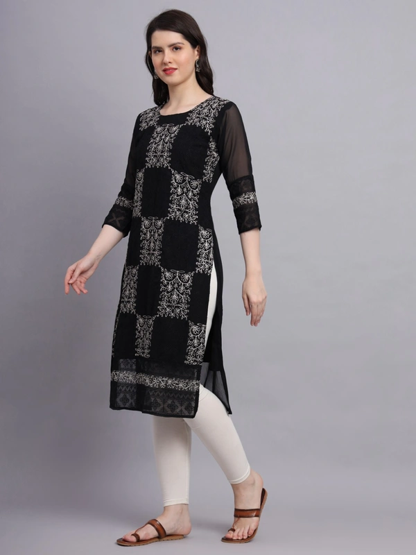 FWVLS LUCKNOWI CHIKANKARI GEORGETTE KURTI - XL-42, Black