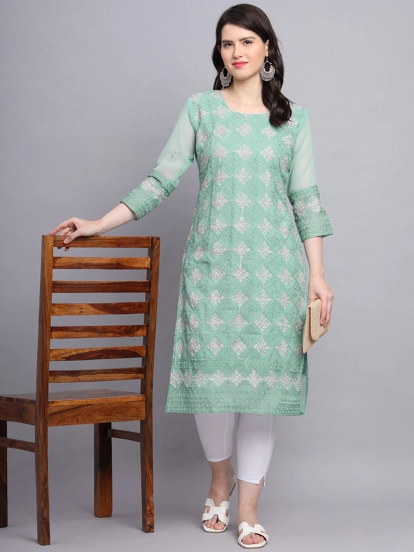 FWVLS PREMIUM GEORGETTE CHIKANKARI KURTI - M-38, Moss Green