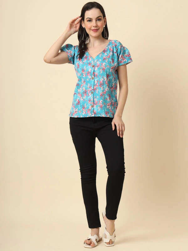 FWVL FANCY PRINTED CREP  SHORT TOP - M-38, Fountain Blue