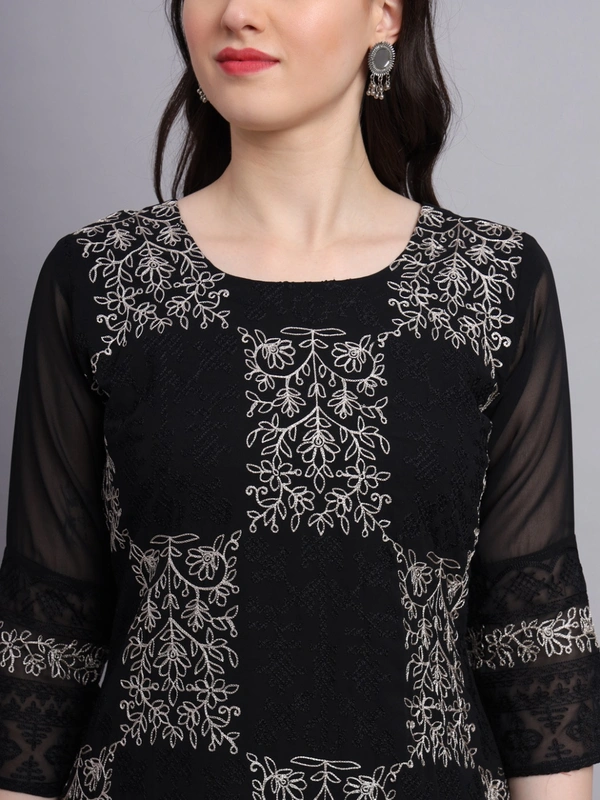 FWVLS LUCKNOWI CHIKANKARI GEORGETTE KURTI - M-38, Black