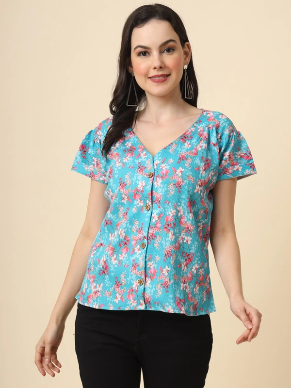 FWVL FANCY PRINTED CREP  SHORT TOP - M-38, Fountain Blue