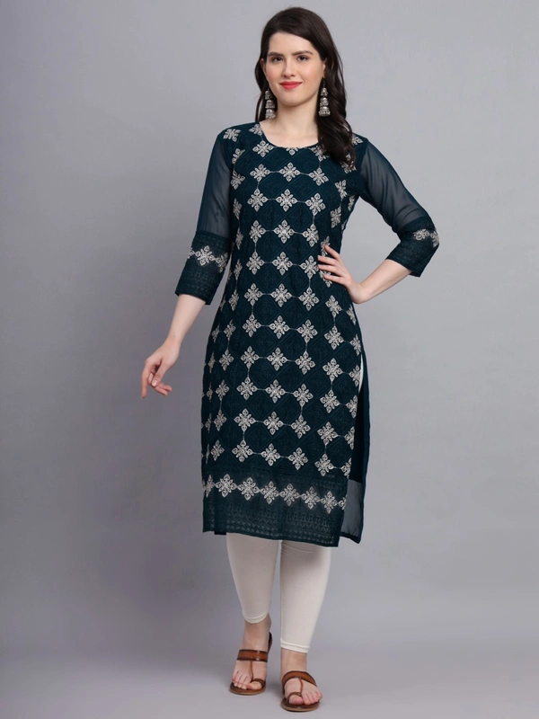 FWVLS PREMIUM GEORGETTE CHIKANKARI KURTI - M-38, Cyan-Blue