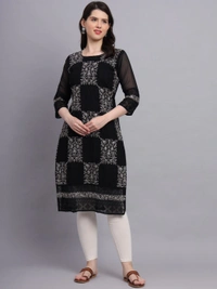 FWVLS LUCKNOWI CHIKANKARI GEORGETTE KURTI - L-40, Black