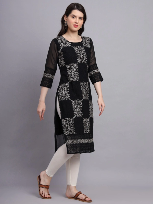 FWVLS LUCKNOWI CHIKANKARI GEORGETTE KURTI - M-38, Black