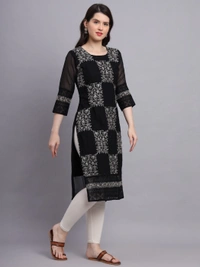 FWVLS LUCKNOWI CHIKANKARI GEORGETTE KURTI - L-40, Black