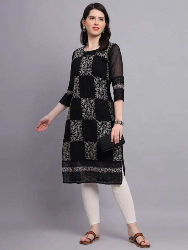 FWVLS LUCKNOWI CHIKANKARI GEORGETTE KURTI - XL-42, Black