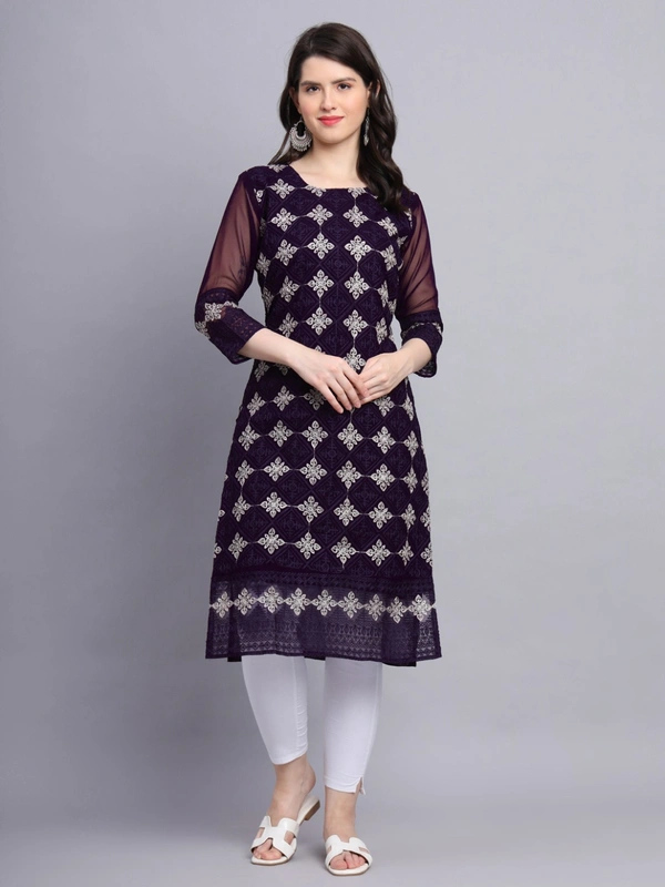 FWVLS PREMIUM GEORGETTE CHIKANKARI KURTI - M-38, Dark Purple