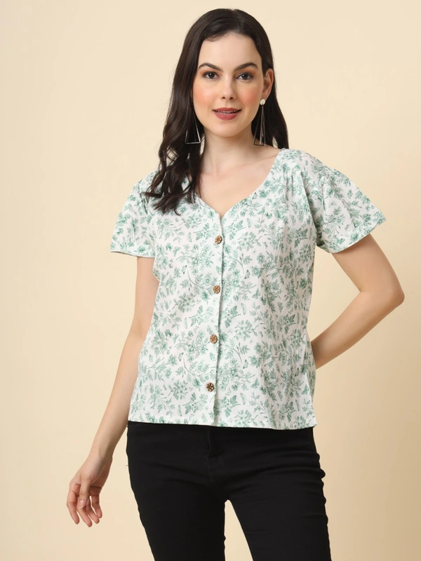 FWVL FANCY PRINTED CREP  SHORT TOP - M-38, Gulf Leaf