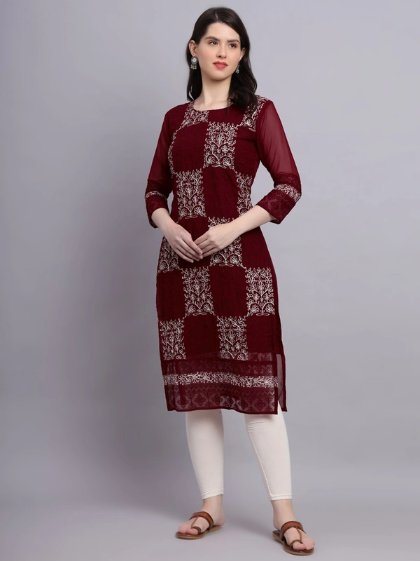 FWVLS LUCKNOWI CHIKANKARI GEORGETTE KURTI - M-38, Maroon