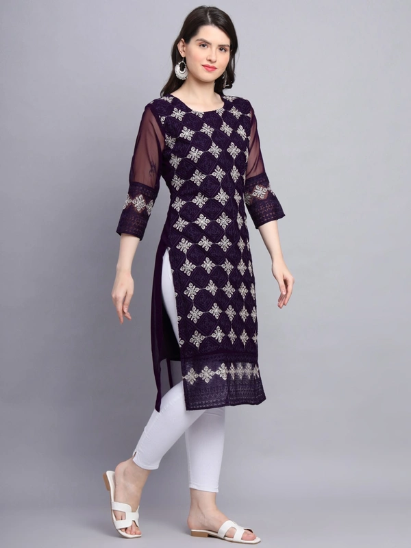 FWVLS PREMIUM GEORGETTE CHIKANKARI KURTI - M-38, Dark Purple