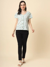FWVL FANCY PRINTED CREP  SHORT TOP - M-38, Gulf Leaf