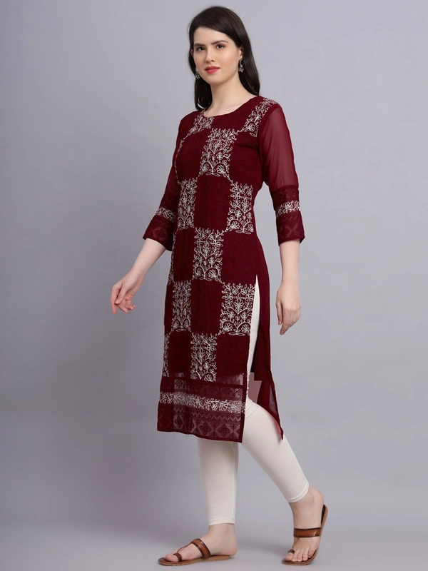 FWVLS LUCKNOWI CHIKANKARI GEORGETTE KURTI - M-38, Maroon