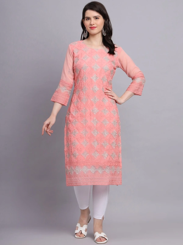 FWVLS PREMIUM GEORGETTE CHIKANKARI KURTI - M-38, Sweet Pink