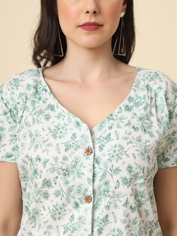 FWVL FANCY PRINTED CREP  SHORT TOP - M-38, Gulf Leaf