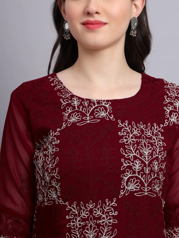 FWVLS LUCKNOWI CHIKANKARI GEORGETTE KURTI - M-38, Maroon