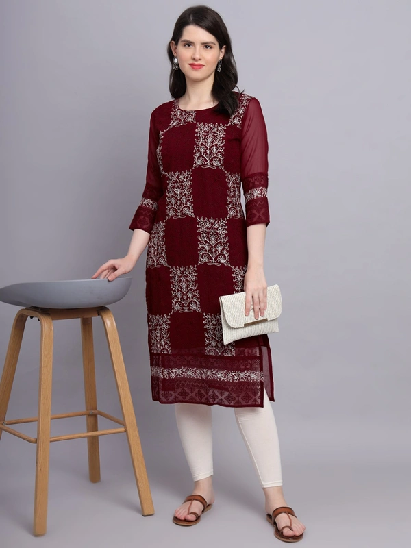 FWVLS LUCKNOWI CHIKANKARI GEORGETTE KURTI - M-38, Maroon