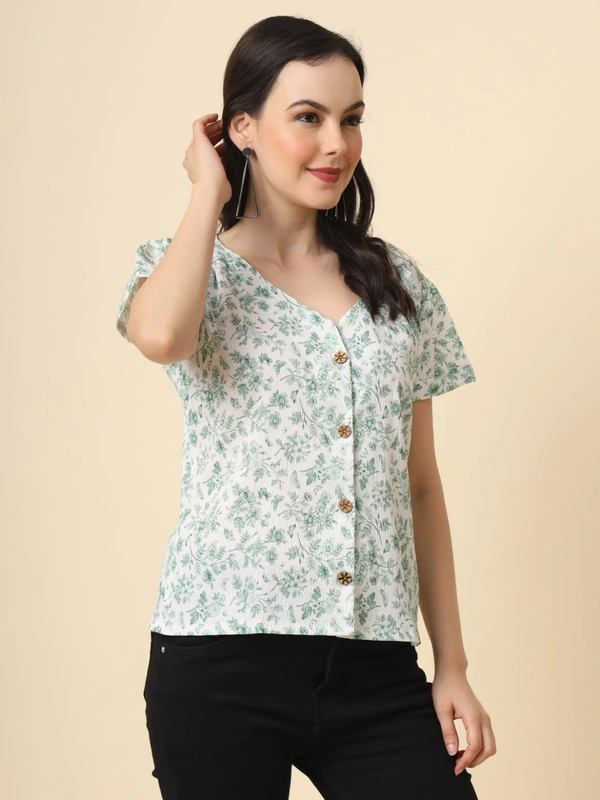 FWVL FANCY PRINTED CREP  SHORT TOP - M-38, Gulf Leaf