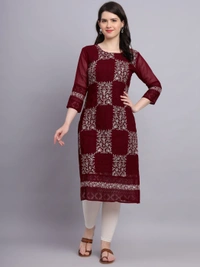 FWVLS LUCKNOWI CHIKANKARI GEORGETTE KURTI - M-38, Maroon