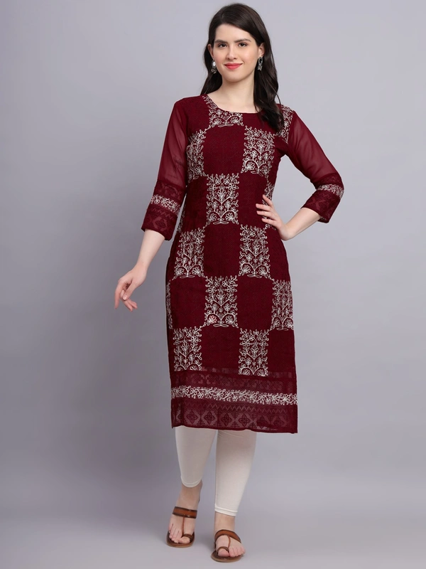 FWVLS LUCKNOWI CHIKANKARI GEORGETTE KURTI - M-38, Maroon