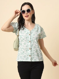 FWVL FANCY PRINTED CREP  SHORT TOP - M-38, Gulf Leaf