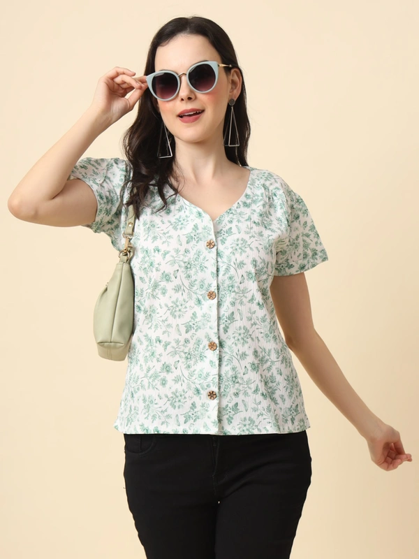 FWVL FANCY PRINTED CREP  SHORT TOP - M-38, Gulf Leaf