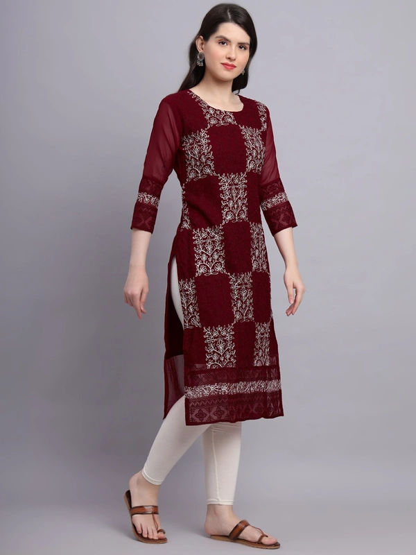 FWVLS LUCKNOWI CHIKANKARI GEORGETTE KURTI - M-38, Maroon