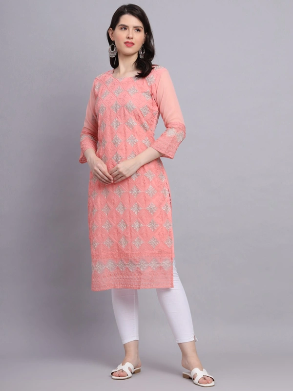 FWVLS PREMIUM GEORGETTE CHIKANKARI KURTI - M-38, Sweet Pink