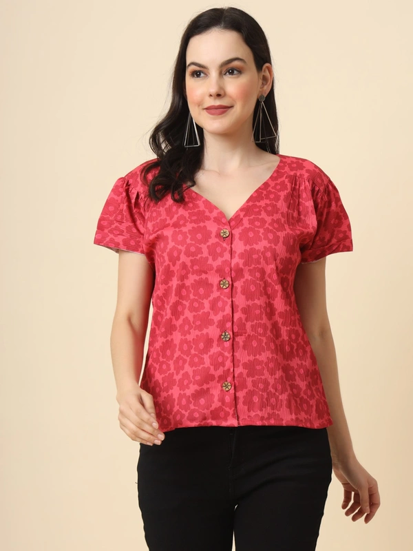 FWVL FANCY PRINTED CREP  SHORT TOP - M-38, Brink Pink