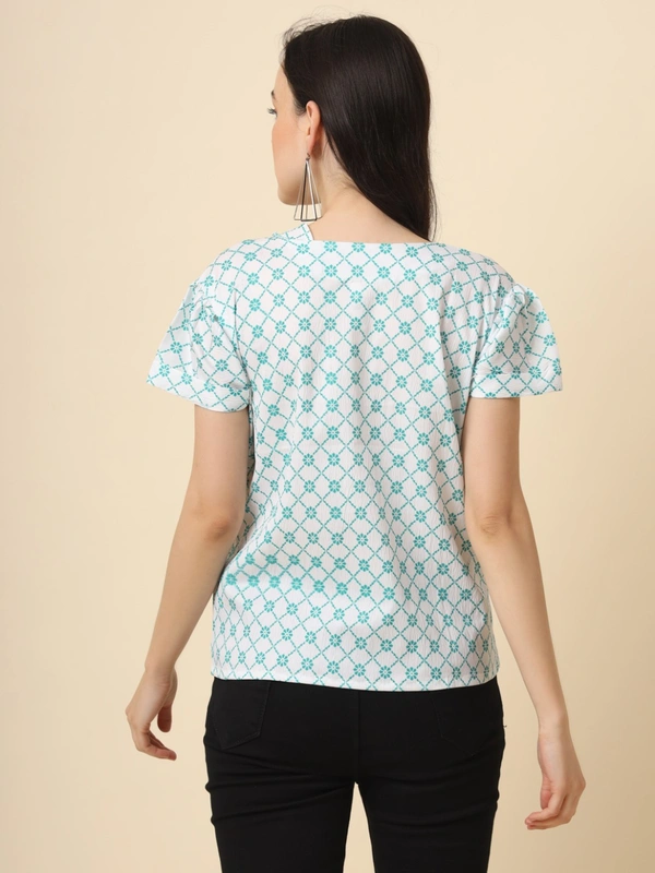 FWVL FANCY PRINTED CREP  SHORT TOP - M-38, Cyan Check