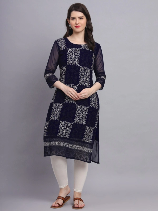 FWVLS LUCKNOWI CHIKANKARI GEORGETTE KURTI - XL-42, Dark Blue