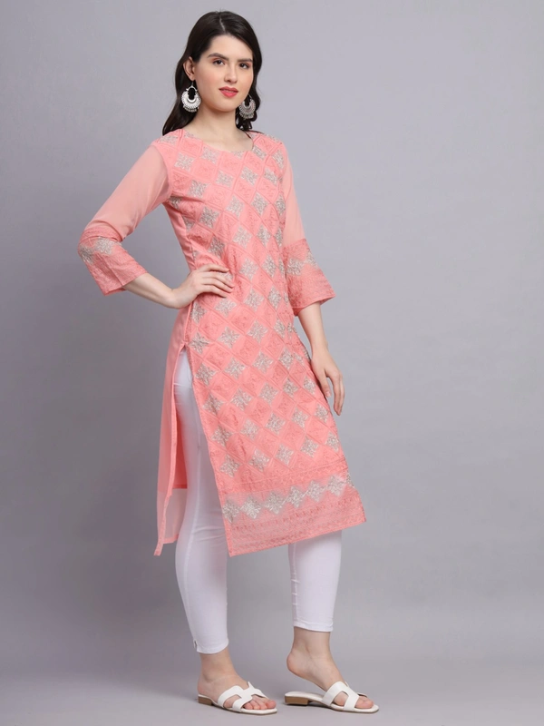 FWVLS PREMIUM GEORGETTE CHIKANKARI KURTI - M-38, Sweet Pink