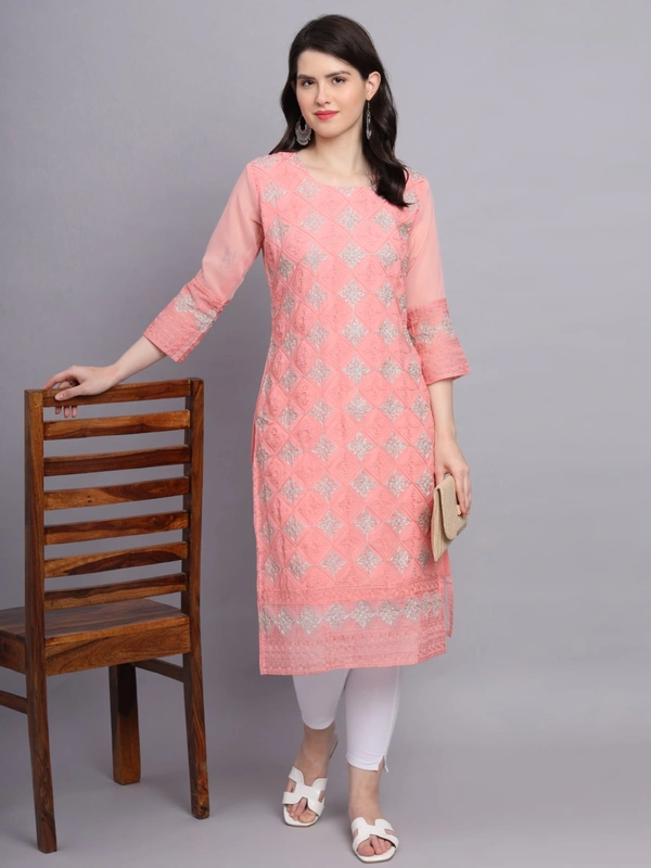 FWVLS PREMIUM GEORGETTE CHIKANKARI KURTI - M-38, Sweet Pink