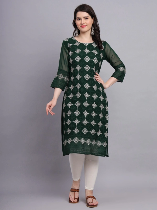 FWVLS PREMIUM GEORGETTE CHIKANKARI KURTI - M-38, Dark Green