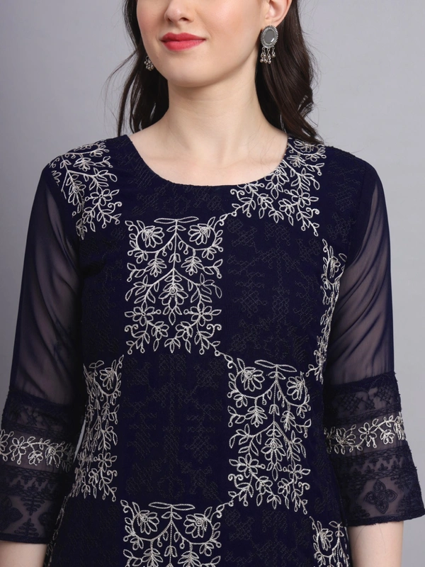 FWVLS LUCKNOWI CHIKANKARI GEORGETTE KURTI - XL-42, Dark Blue