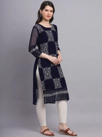 FWVLS LUCKNOWI CHIKANKARI GEORGETTE KURTI - XL-42, Dark Blue