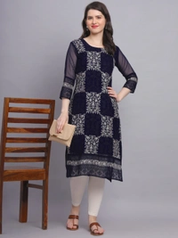 FWVLS LUCKNOWI CHIKANKARI GEORGETTE KURTI - XL-42, Dark Blue