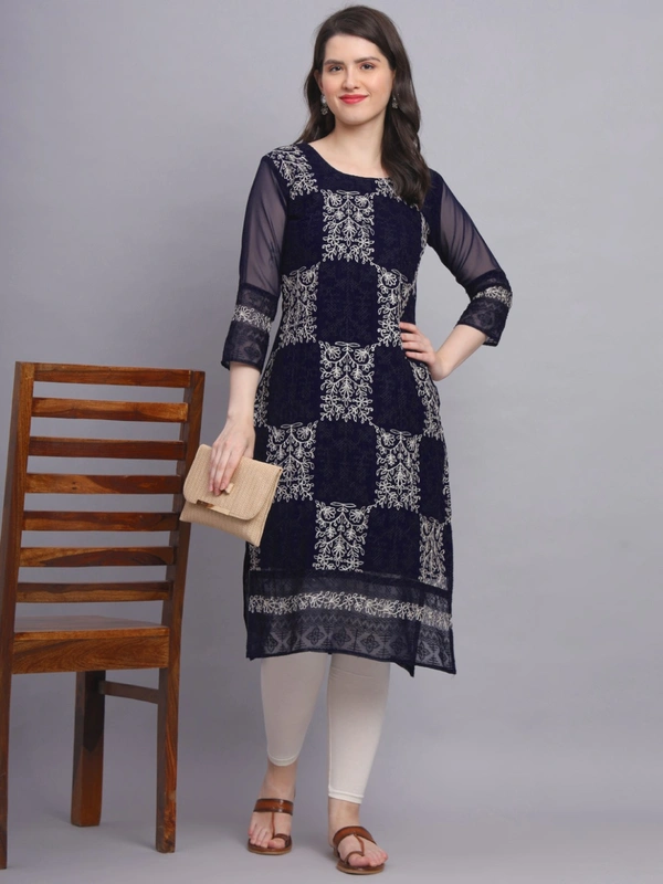 FWVLS LUCKNOWI CHIKANKARI GEORGETTE KURTI - XL-42, Dark Blue