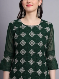 FWVLS PREMIUM GEORGETTE CHIKANKARI KURTI - M-38, Dark Green