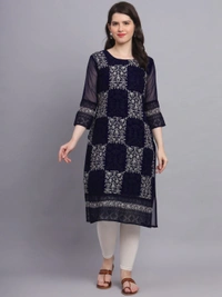 FWVLS LUCKNOWI CHIKANKARI GEORGETTE KURTI - XL-42, Dark Blue