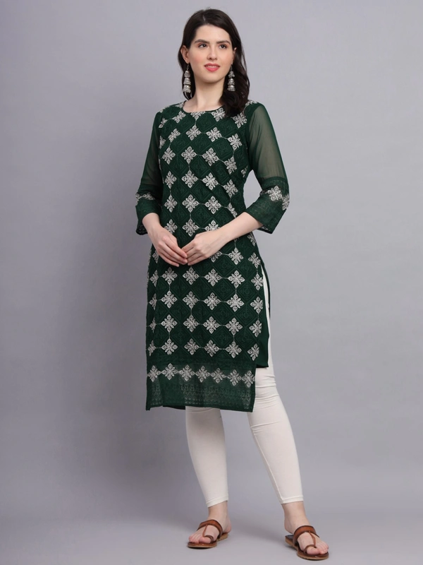 FWVLS PREMIUM GEORGETTE CHIKANKARI KURTI - M-38, Dark Green