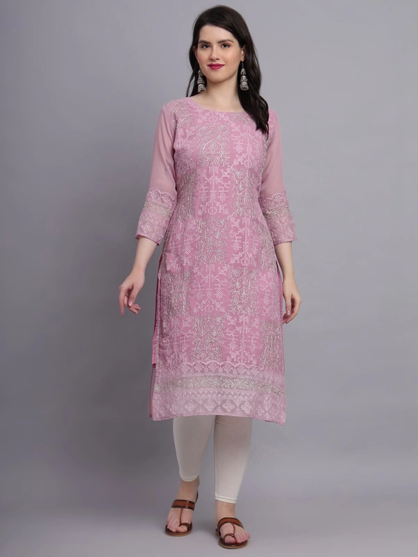 FWVLS LUCKNOWI CHIKANKARI GEORGETTE KURTI - M-38, Pink